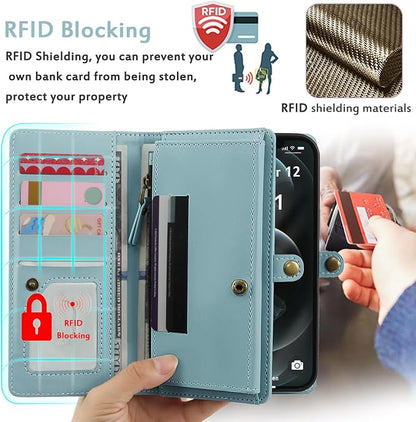 for Wallet Case Compatible with iPhone 12 Pro Max,Multi-Function Detachable 2 in 1 Magnetic iPhone 12 Pro Max Case Wallet,Flip Strap Zipper Card Holder Phone Case with Shoulder Straps (Blue)