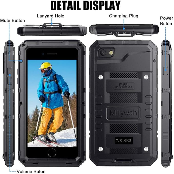 Mitywah Waterproof Case for iPhone SE 2020, Heavy Duty Durable Metal Full Body Protective Case Built-in Screen Protection Waterproof Shockproof Dustproof Rugged Military Grade Defender, Black