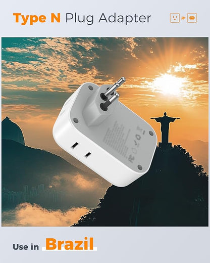 TESSAN Brazil Plug Adapter 2 Pack, 7 in 1 US to Brazil Power Adapter | 3 USB Ports (1 USB-C PD 20W Port) 4 American Outlets, Type N Travel Adaptor for USA to Brazilian