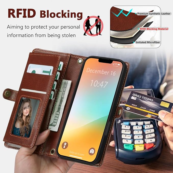 Wallet Case for iPhone 13 Pro with Card Holder/Crossbody Wallet/Strap| RFID Blocking | Magnetic | Kickstand | Detachable | PU Leather Phone Case for iPhone 13 Pro,6.1 in,Brown