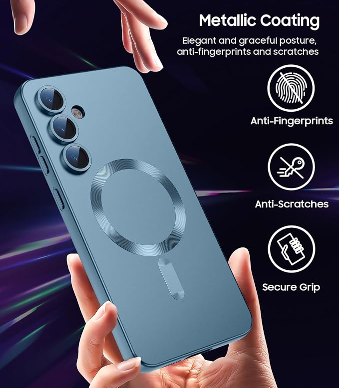 Magnetic for Samsung Galaxy S25 Case [Compatible with MagSafe][Built-in Camera Lens Protector] Slim Soft Silicone Bumper Shockproof Metallic Luster Phone Shell (Green)