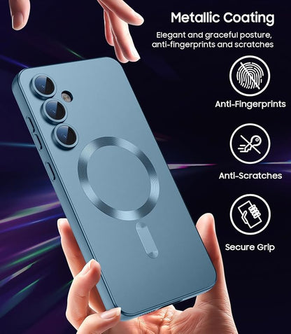 Magnetic for Samsung Galaxy S25 Case [Compatible with MagSafe][Built-in Camera Lens Protector] Slim Soft Silicone Bumper Shockproof Metallic Luster Phone Shell (Green)