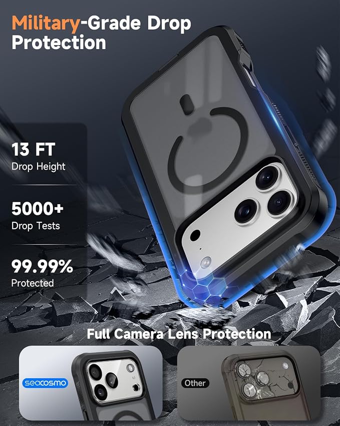 seacosmo for iPhone 17 Pro Max Case, Full Body Bumper with Built-in Tempered Glass Screen and Camera Lens Protector, Compatible with MagSafe, Shockproof 17 Pro Max Phone Case, 6.9", Black Matte