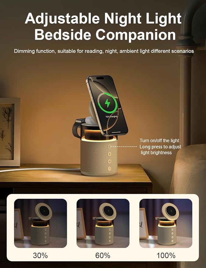 5-in-1 Bluetooth Speaker with Wireless Charging Station,Magnetic Charger with Night Light,Charger Stand with 33W Adapter Compatible with iWatch iPhone 17 16 15 14 13 12 Pro Max Wireless Earbuds