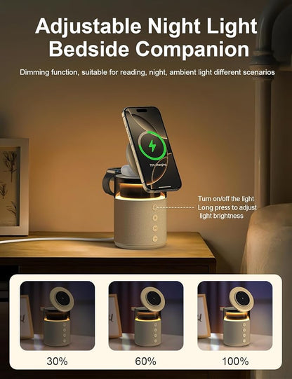 5-in-1 Bluetooth Speaker with Wireless Charging Station,Magnetic Charger with Night Light,Charger Stand with 33W Adapter Compatible with iWatch iPhone 17 16 15 14 13 12 Pro Max Wireless Earbuds