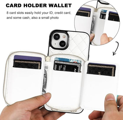 Bocasal Crossbody Wallet Case for iPhone 15 Plus, RFID Blocking PU Leather Zipper Handbag Purse Flip Cover, Kickstand Folio Case with Card Slots Holder Wrist Strap Lanyard 5G 6.7 Inch (White)