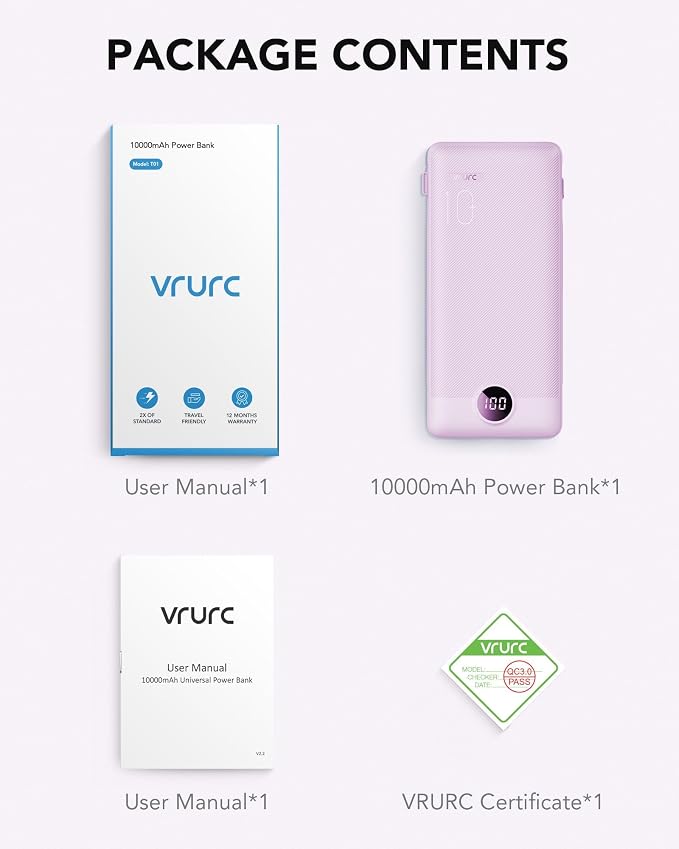 VRURC Portable Charger, Power Bank Built-in Cables and AC Wall Plug | USB C Power Bank 10000mAh Travel Essentials Phone Charger Compact External Battery Pack For Smart Phones, Tablets etc-Purple