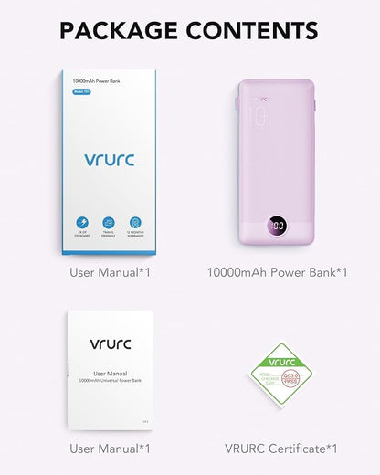 VRURC Portable Charger, Power Bank Built-in Cables and AC Wall Plug | USB C Power Bank 10000mAh Travel Essentials Phone Charger Compact External Battery Pack For Smart Phones, Tablets etc-Purple