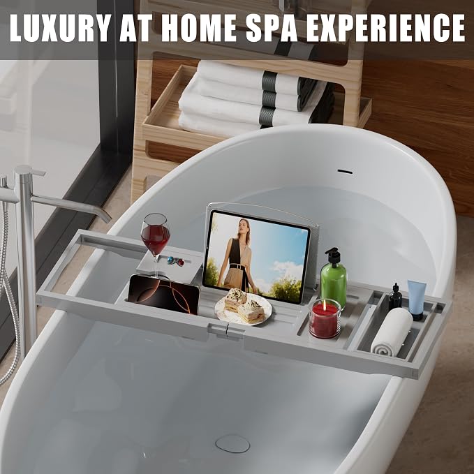 Foldable Bathtub Caddy Tray for Tub,Bamboo Expandable Bath Table Trays,Premium Bathroom Accessories for New Home & Mothers Day & Birthday Gifts for Couples,Gray