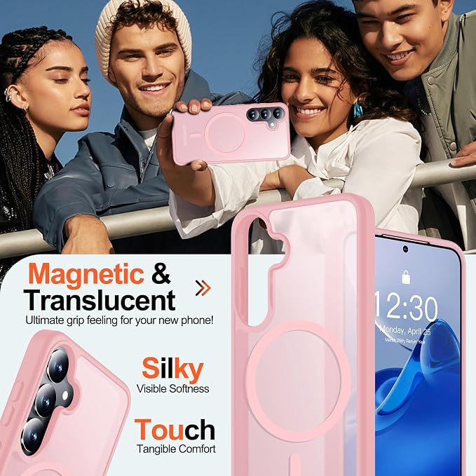 MOZOTER for Samsung Galaxy S25 Plus Case with Magnetic,[Compatible with MagSafe][12Ft Military Dropproof][2*Screen Protector] Translucent Anti-Slip Back Slim Shockproof Case for S25 Plus,6.7"-Pink