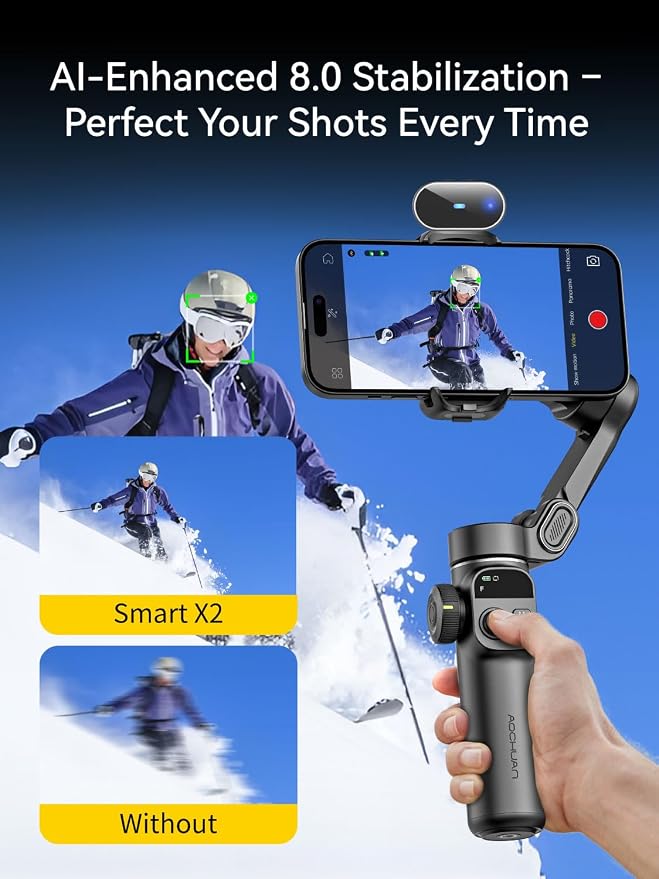 AOCHUAN Gimbal Stabilizer for iPhone with AI Tracking Sensor, Elevate Your Filming w/7.8" Extension Rod and OLED Screen for iPhone Gimbal, Gimbal w/8.0 Stability for Sports Shooting-Smart X2 AI Black