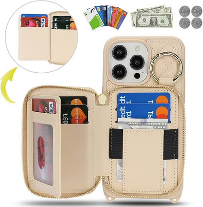 Crossbody Wallet Case for iPhone 14 Pro Max, PU Leather Zipper Handbag Purse Flip Cover, Kickstand Folio Case with Card Slots Holder Wrist Strap Lanyard 5G 6.7 Inch-White
