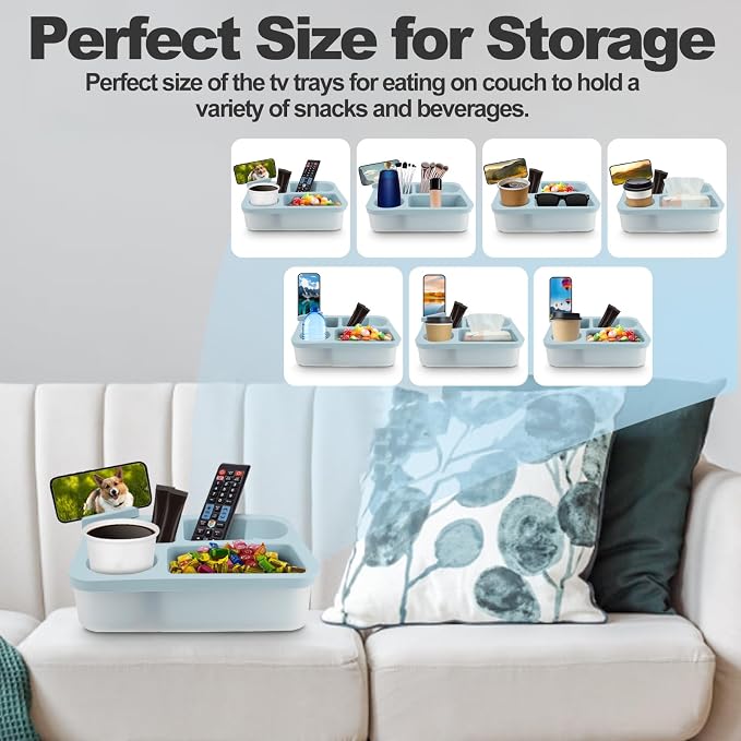 Couch Cup Holder Tray for Bed Sofa Organizer, Silicone Couch Caddy with Rotatable Phone Holder, Anti Spill Couch Drink Holder for Snacks Beverage TV Remote Cellphone(Blue)