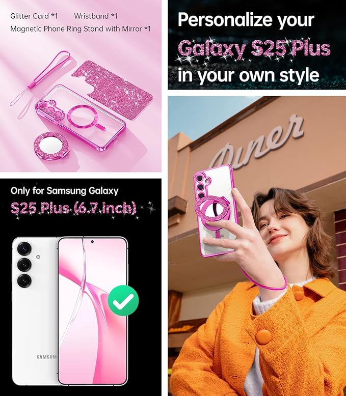 Meifgino Magnetic Case with Removable Phone Ring Stand for Samsung Galaxy S25 Plus, [Glitter Card & Wrist Strap] [MagSafe Compatible] [Built in Mirror] Phone Ring Stand + Phone Case Kit, Hot Pink