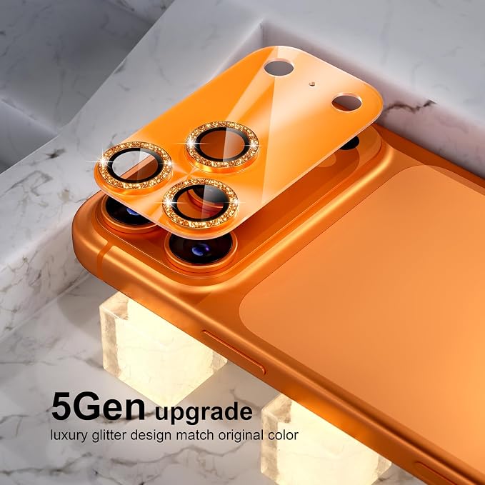 Choiche Compatible for iPhone 17 Pro Camera Lens Protector, Bling Camera Cover with 9H Tempered Glass Lens Screen Protector Metal Ring Decoration Accessories 6.3-inch (Light-Orange)