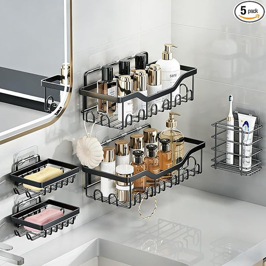 Fammart Adhesive Shower Caddy, 5-Pack Rustproof Stainless Steel Bathroom Organizer with 28 Hooks, No-Drill Large Capacity Shower Shelves for Bathroom Storage & Home Décor, Black