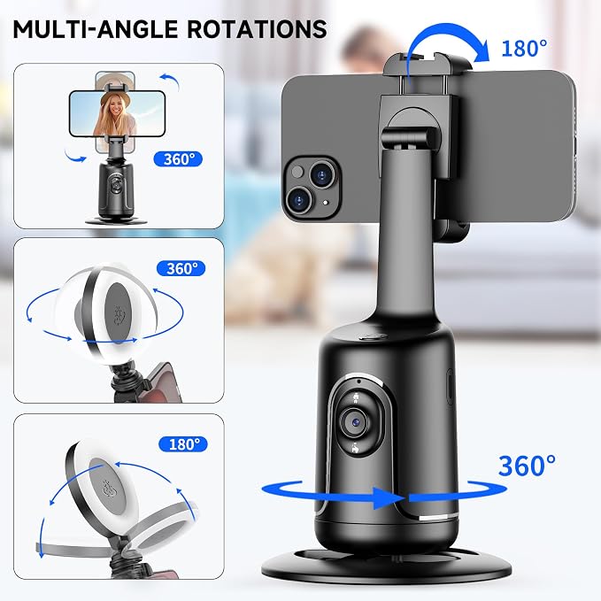Auto Face Tracking Tripod with 2 Selfie Ring Light, 360° Rotation Face Body Phone Holder Smart Shooting Camera Mount with Remote, Rechargeable Smart Shooting Holder for Vlog, Streaming, Video, Tiktok