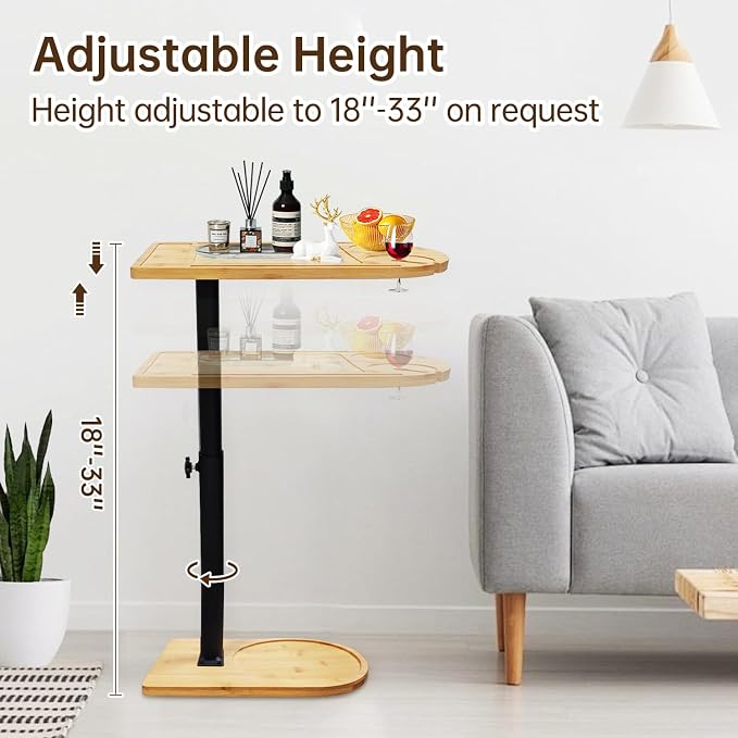 C Shaped End Table for Couch,360° Swivel Height Adjustable Couch Side Table,Thickened Base Plate,Sofa Tray with Cell Phone & Tablet Slot,C-Shaped Drink Table for Sofa/Bed/Bathtub