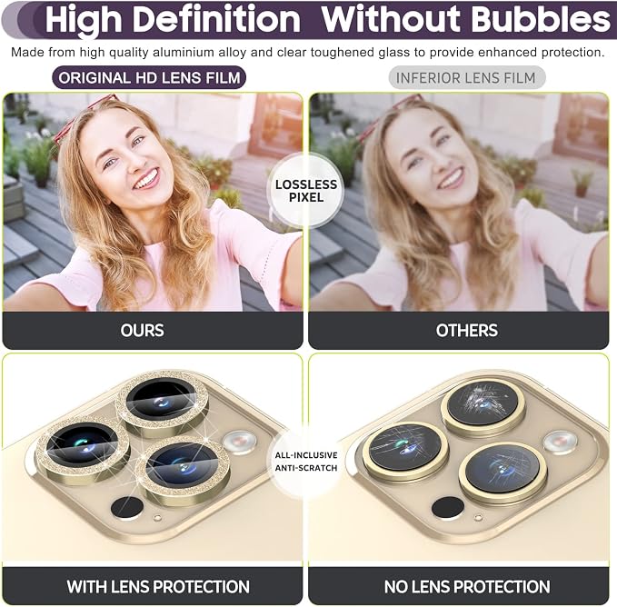 Suoman for iPhone 14 Pro Max Camera Lens Protector / 14 Pro Camera Lens Protector, Camera Cover Tempered Glass for iPhone 14 Pro Max 6.7 inch/for iPhone 14 Pro 6.1 inch [Perfectly Fit] - Bling -Gold