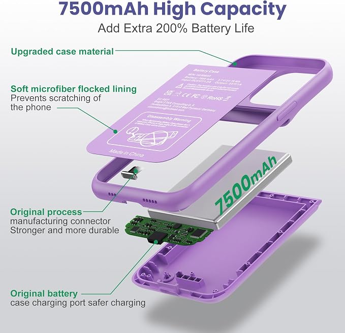 Battery Case for iPhone 14/13/13 Pro (6.1 Inch),Upgraded 7500mAh Ultra-Slim Portable Charging Case Rechargeable Protective Extended Battery Pack for iPhone 14/13/13 Pro Charger Cover-Purple