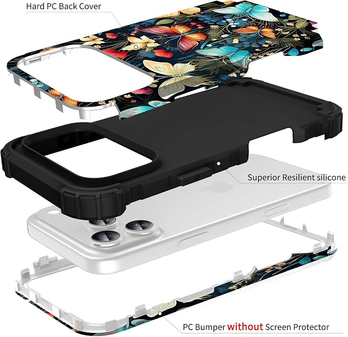 Hocase for iPhone 17 Pro Case 6.3", Heavy Duty Shockproof Protection Soft Silicone Rubber+Hard Plastic Bumpers Hybrid Protective Case for iPhone 17 Pro 2025 - Joyful Butterfly