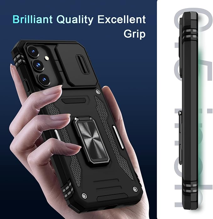 DEERLAMN Case for Samsung Galaxy S24 FE 6.7-Inch with Slide Camera Cover+Screen Protector(1 Pack), Rotated Ring Kickstand Military Grade Shockproof Protective Cover-Black