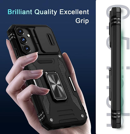 DEERLAMN Case for Samsung Galaxy S24 FE 6.7-Inch with Slide Camera Cover+Screen Protector(1 Pack), Rotated Ring Kickstand Military Grade Shockproof Protective Cover-Black