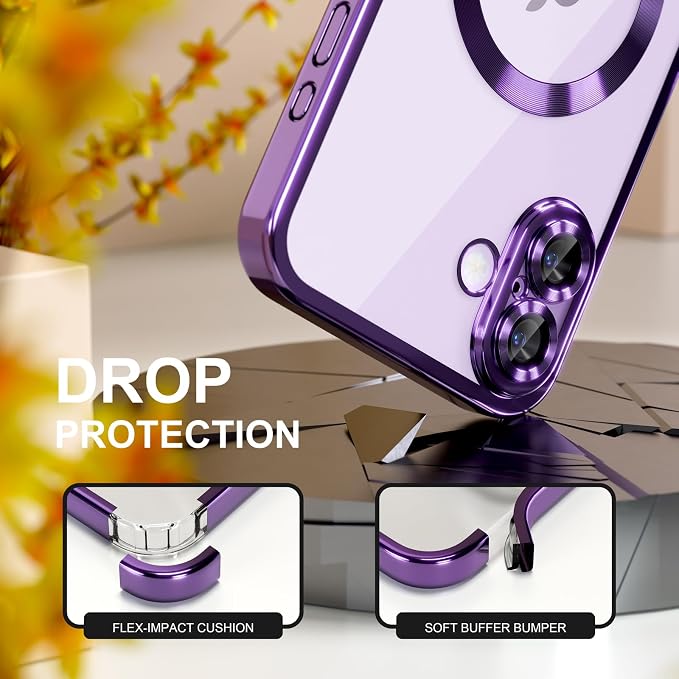 Misea Magnetic for iPhone 17 Case Compatible with MagSafe [Never Yellowing] [Military Grade Drop Protection] Full Camera Lens Protector Plating Soft Clear Phone Case for Women, Deep Purple