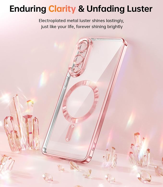 Meifigno Designed for Samsung Galaxy S25 Edge Case, [Compatible with MagSafe] [2X Screen Protectors] [Glitter Card & Wrist Strap] Surround Raised Lens Protection Slim Case for S25 Edge 6.7", Rose Gold