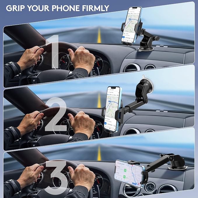 Car Phone Holder Mount, [Strong Suction Cup] [Military Grade Durable] for Windshield and Dashboard, Adjustable Long Arm Compatible with iPhone 17 16 15 14 Pro Max and All Smartphones,Black