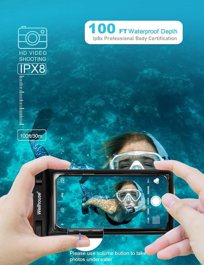 wellhouse Waterproof Phone Pouch, Waterproof Phone Case for iPhone 17 16 15 14 13 Pro Max XS Samsung, IPX8 3D Cellphone Dry Bag Beach Essentials (1 Pack - Black7.0, 7 inch)