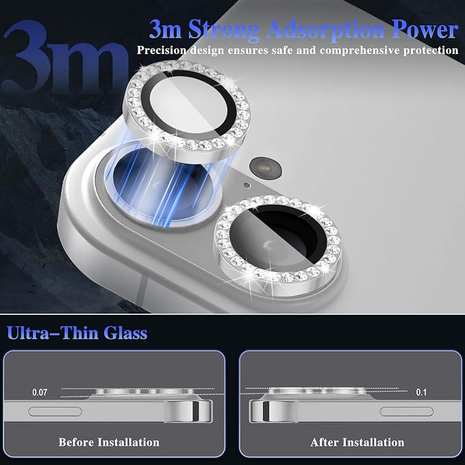 ShinKin Camera Lens Protector for iPhone 16/iPhone 16 Plus, Bling Glitter Camera Cover, 9H Tempered Glass Individual Metal Ring Camera Protector for iPhone 16/iPhone 16 Plus (Diamond - Silver)