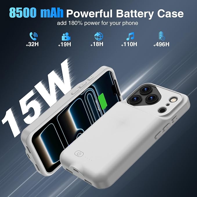 GIN FOXI Battery Case for iPhone 17 Pro, Charging Case Charger 8500mAh Ultra-Slim Lightweight Powerful Battery Pack 15W Fast Rechargeable Anti-Fall TPU Juice Box for 17 Pro (6.3") Grey