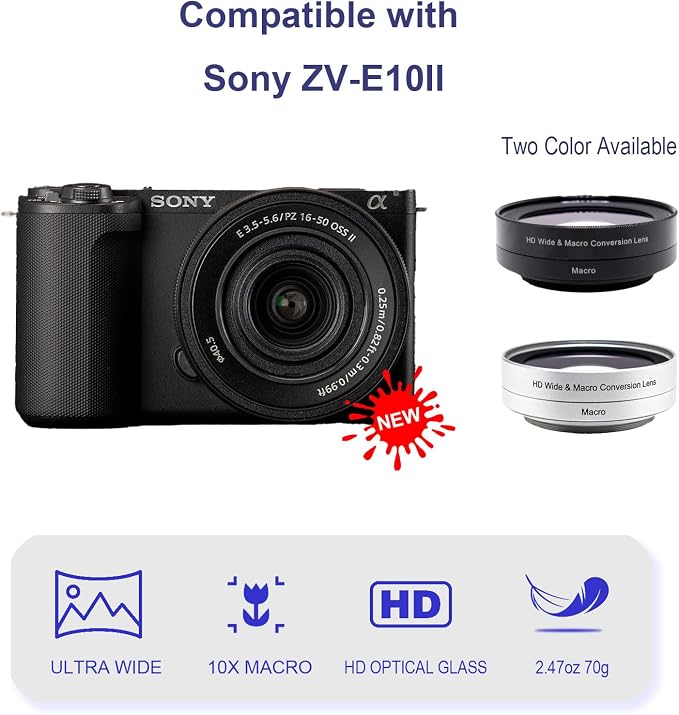 FotoZ 40.5mm 0.75x Mini Wide Angle Conversion Lens(w/Macro), for Sony ZV-1F ZV-E10, ZV-E10 MarkII A6400 A6700 Accessories, Compatible with kit Lens 16-50mm, PZ 16-50mm OSS II (Black)