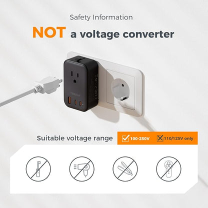 TESSAN International Power Adapter PD 20W, Ultra Thin Universal Adapter, Worldwide Outlet Plug with 2 USB C 1 USB A for US to Europe UK Spain Australia France Germany Thailand (Type C G A I), Black