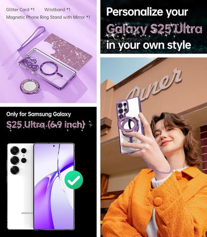 Meifigno Magnetic Case with Removable Phone Ring Stand for Samsung Galaxy S25 Ultra, [Glitter Card & Wrist Strap] [MagSafe Compatible] [Built in Mirror] Phone Ring Stand + Phone Case Kit, Purple