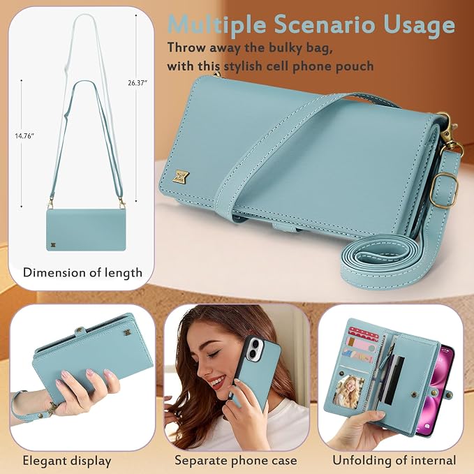 for Wallet Case Compatible with iPhone 16 Plus,Multi-Function Detachable 2 in 1 Magnetic iPhone 16 Plus Case Wallet,Flip Strap Zipper Card Holder Phone Case with Shoulder Straps (Blue)