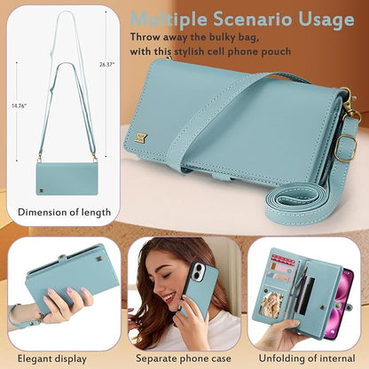 for Wallet Case Compatible with iPhone 16 Plus,Multi-Function Detachable 2 in 1 Magnetic iPhone 16 Plus Case Wallet,Flip Strap Zipper Card Holder Phone Case with Shoulder Straps (Blue)