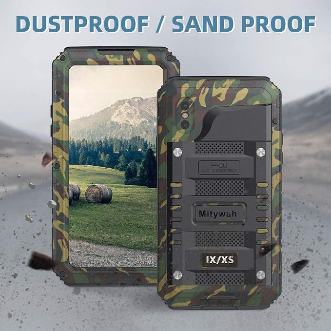 Mitywah Shockproof Case Compatible with iPhone X/XS,Waterproof Full Body Protective Cover with Impact Resistant Aluminium Alloy,Strong Military Defender Heavy Duty Metal Shell for Outdoor, Camouflage