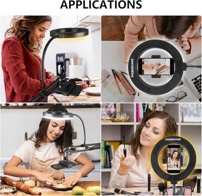 6" LED Ring Light for Desk, Overhead Camera Mount with Ring Light and Phone Holder, Overhead Phone Mount Arm Stand Studio Lights for Photography, Video Recording, Live Stream