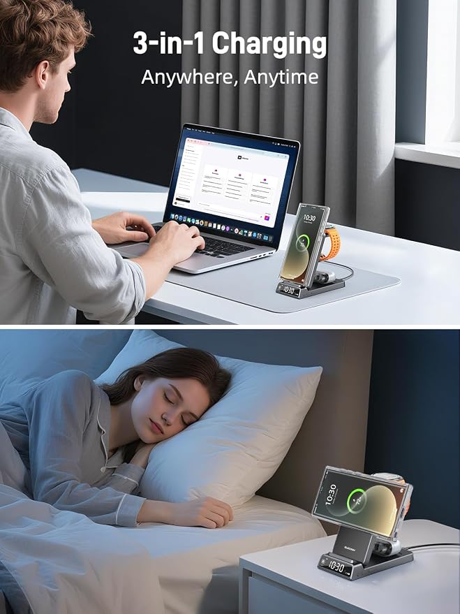 Magnetic Wireless Charger for Samsung, 3 in 1 Android Charging Station for Samsung Galaxy S26 Ultra/S25 Ultra/Z Fold/Flip 7, Foldable Charger for Samsung Galaxy Watch Ultra/8/7/Galaxy Buds4 Pro (Gray)