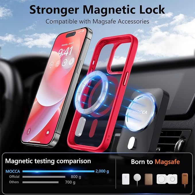 MOCCA Strong Magnetic for iPhone 14 Pro Case, [Compatible with Magsafe][13FT Military Drop Protection] Slim Translucent Matte Shockproof Case for iPhone 14 Pro Phone Case 6.1'', Red
