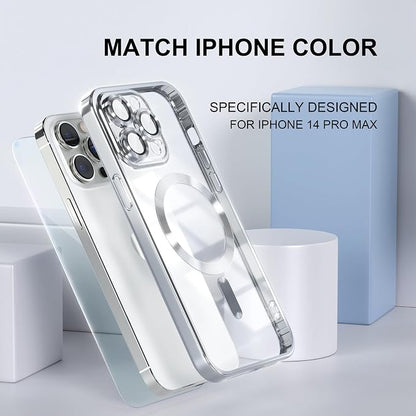 Misea Magnetic for iPhone 14 Pro Max Case Compatible with MagSafe [Never Yellowing] [Military Grade Drop Protection] Full Camera Lens Protector Plating Soft Clear Phone Case for Women Girls, Silver