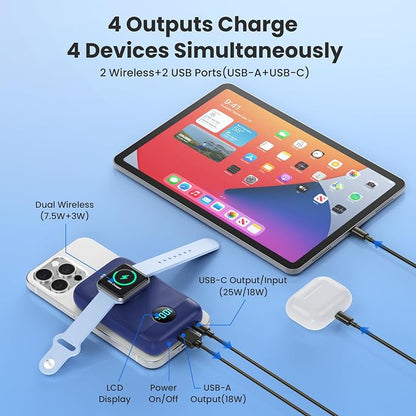 Magnetic Portable Charger for iPhone & iWatch,10800mAh 25W PD Fast Charging USB C Power Bank,4 Output Dual-Side Magnet Travel Essentials Battery Pack for iPhone 17/Air/16/15/14/13/12 Series (Blue)