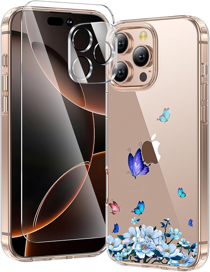 3 in 1 for iPhone 16 Pro Case Clear, Screen Protector *1 & Camera Lens Protector*1, Print Shockproof for iPhone 16 Pro Phone Case 6.3 inch Floral