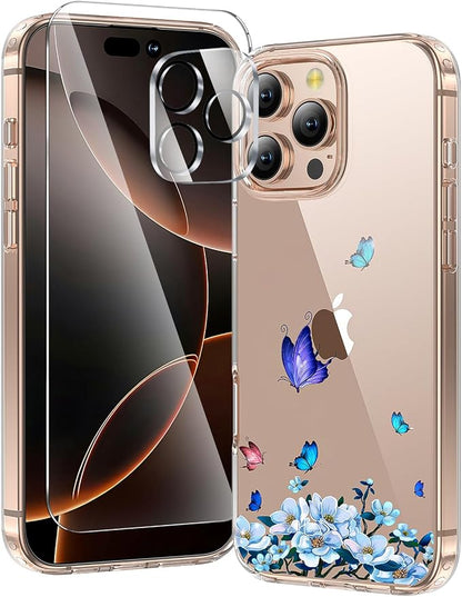 3 in 1 for iPhone 16 Pro Case Clear, Screen Protector *1 & Camera Lens Protector*1, Print Shockproof for iPhone 16 Pro Phone Case 6.3 inch Floral