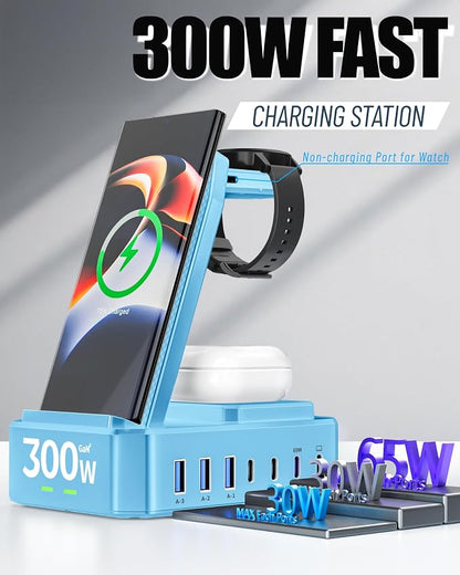 300W Wireless Charger for Samsung,Zutspzss 10 in 1 Wireless Charging Station, 65W USB C Fast Charging Stand for Samsung S25 Ultra/S24/S23/S22/Z Fold,Galaxy Watch Ultra7/6/5,Galaxy Buds,Blue