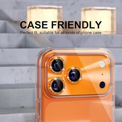Choiche Compatible for iPhone 17 Pro Max Camera Lens Protector, Bling Camera Cover with 9H Tempered Glass Lens Screen Protector Metal Ring Decoration Accessories 6.9-inch (Light-Orange)