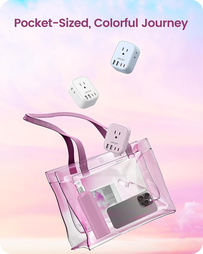 LENCENT European Travel Plug Adapter US to Europe Type-C Foldable Plug | with 4 Outlets 4 USB Ports (2 USB C), Power Adaptor for USA to EU Euro Iceland Spain Italy France Germany Greece, Pink