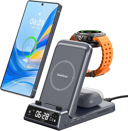 Charging Station for Samsung S26 Ultra, Wireless Charger for Galaxy S26/S25/S24/S23 Series, Galaxy Watch 8/8 Classic/Ultra/7/6/5, Galaxy Buds 3 Pro/3, SwanScout 703S (No Adapter)